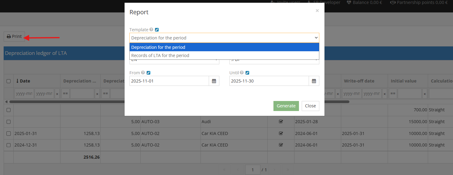 Depreciation reports screen in fixed assets module